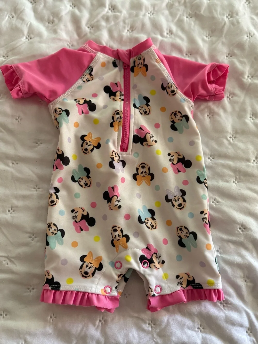 Disney Girls Pink and White Minnie Mouse Short Sleeve One-Piece Swimsuit